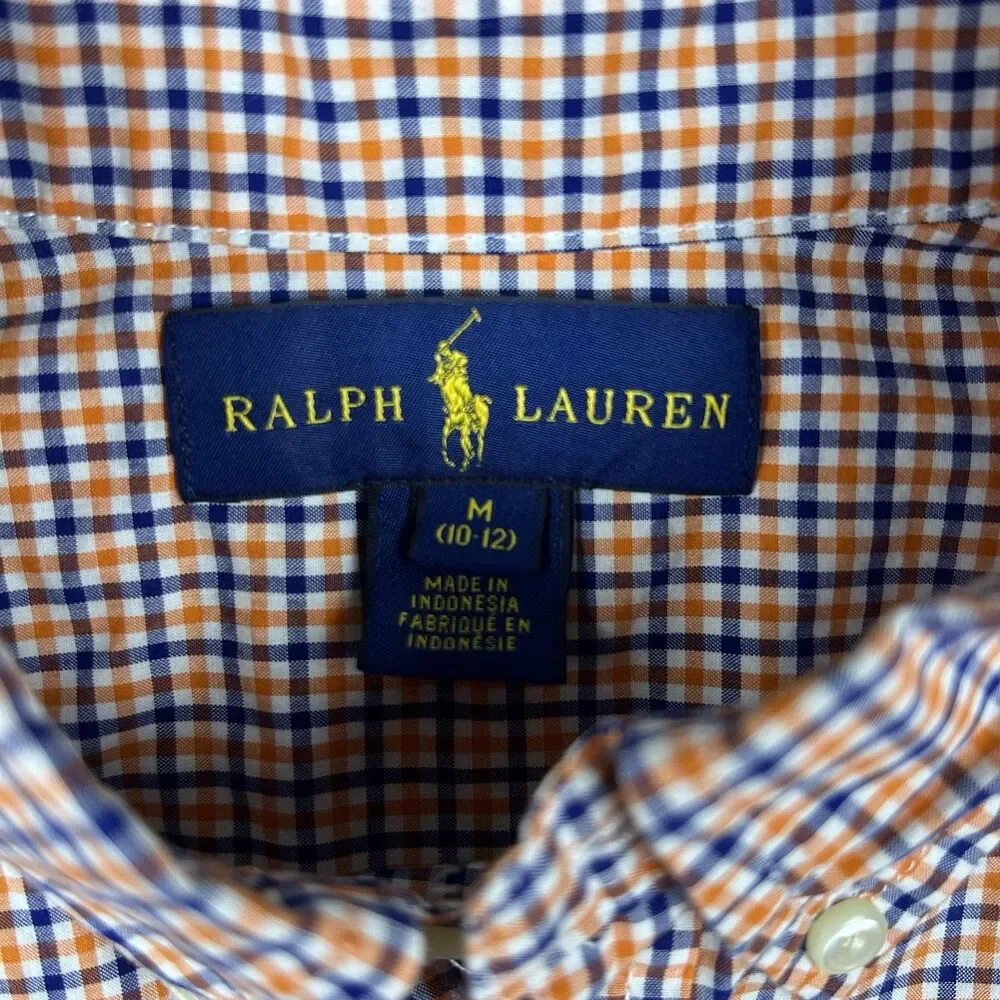 Ralph Lauren Boys Button Up Shirt Long Sleeve Orange Navy Plaid Size M (10-12)